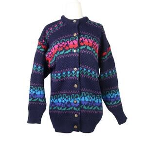 Vintage 80s Murray Brothers navy blue floral wool knit cardigan sweater L